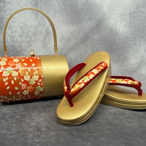 Sac Zanmai haut de gamme Furisode avec sandales Zori assorties, ensemble luxueux. Accessoires de kimono japonais vintage / Ensemble vêtement de cérémonie, chaussures et sac