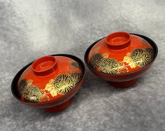 Pair of Lidded Lacquered Style Noodle / Rice Bowls, Vintage Japanese Red Leafy Decor Bowls