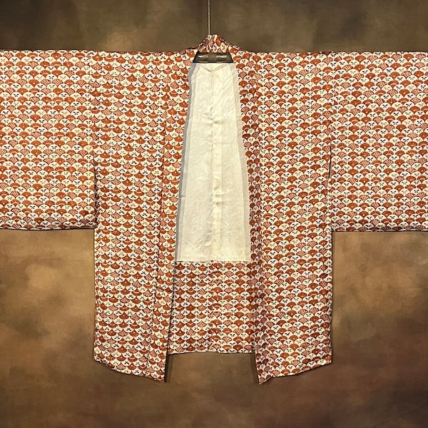 Japanese Haori Kimono, Orange & Green Silk Lined Kimono Robe Vintage Kimono Jacket