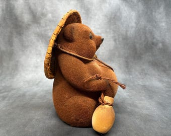 Japanese Tanuki Raccoon Fur Covered Porcelain Raccoon Dog Tokkuri