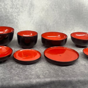 蓋付き木製漆塗りボウル/皿セット ヴィンテージ日本製黒＆赤漆塗りボウル