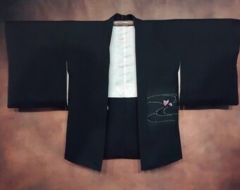 Japanese Haori Kimono, Black, Silk Lined, Kimono Robe Vintage Kimono Jacket