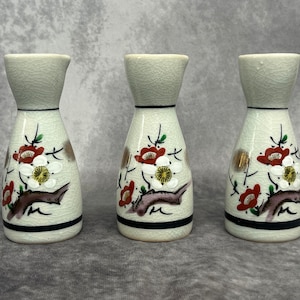 Trio of Vintage Hand Painted Japanese Sake Bottles, Japanese Porcelain Sake Jug