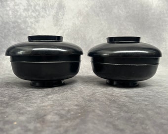 Pair of Lidded Wooden Lacquered Bowls, Antique Japanese Kitchen Ware