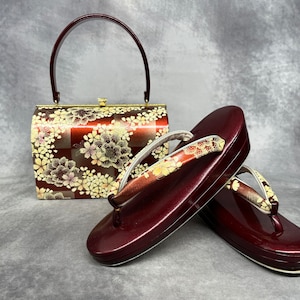 Sac Zanmai haut de gamme Furisode avec sandales Zori assorties, ensemble luxueux. Accessoires de kimono japonais vintage / Ensemble vêtement de cérémonie, chaussures et sac