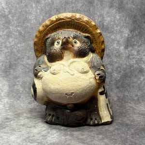 Old Terracotta Japanese Tanuki Raccoon Dog, Tokkuri Bottle Vintage