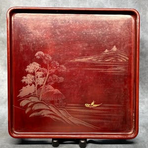 Plateau Laqué Noir Japonisant Années 20 - Décor Oiseaux Et Arbre, 35x60cm