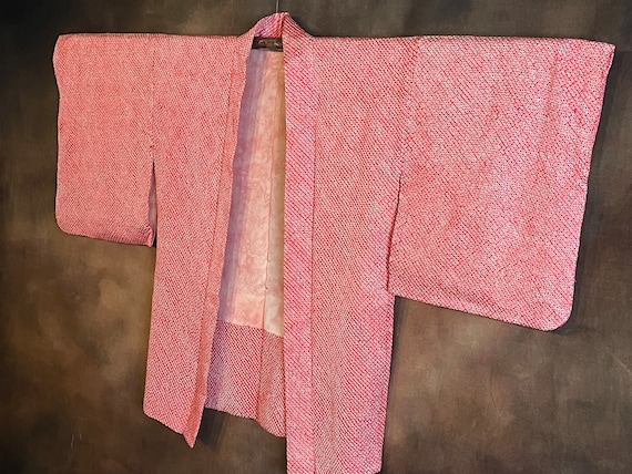 Japanese Shibori Haori Kimono, Pinky Red on White… - image 7