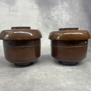 Pair of Brown Lidded Wooden Lacquered Steam Cups / Bowls, Antique Japanese Kitchen Ware