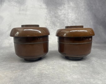 Paire de tasses à vapeur/bols à couvercle en bois laqué marron, ustensiles de cuisine japonais anciens