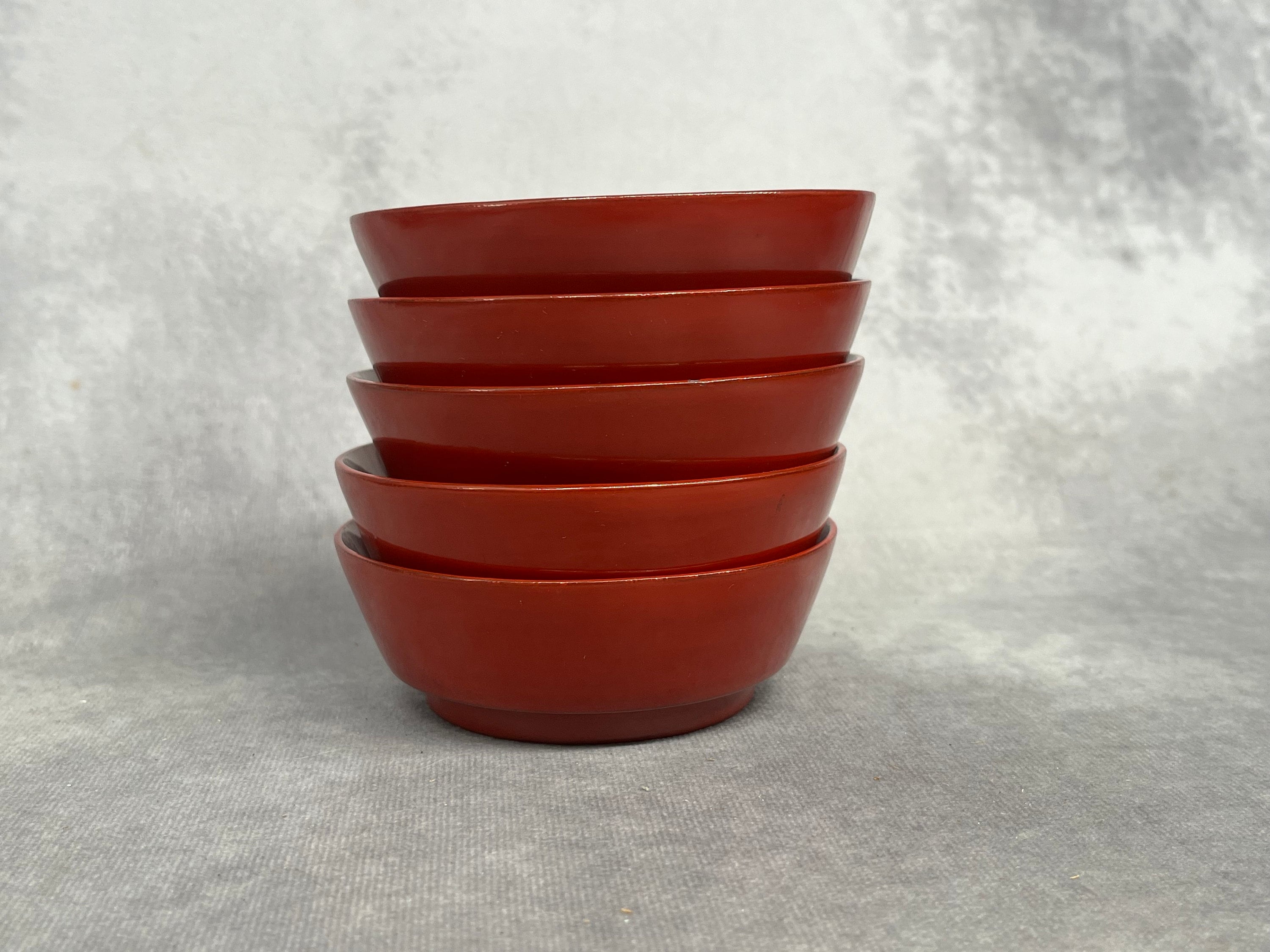 5 Red Orange Lacquer Bowls, Set of Shallow Bowls / Condiment Dishes, Vintage Japanese Tableware