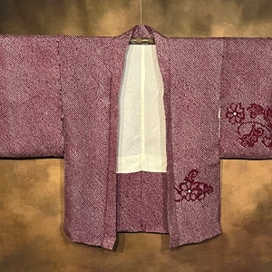Japanese Shibori Haori Kimono, Garnet Red, Silk Lined, Kimono Robe Vintage Kimono Jacket Shobori (Tie Dye)