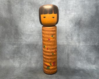 Usaburo - Autumn Flowers, Creative Kokeshi Doll, Vintage Wooden Sosaku Kokeshi, Hand Made Folk Art From Japan