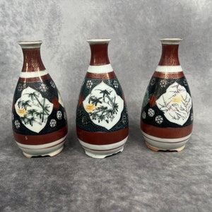 Trio of Vintage Japanese Sake Bottles, Japanese Porcelain Sake Jug