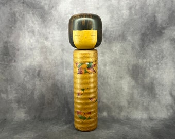 Usaburo - Autumn Flowers, Creative Kokeshi Doll, Vintage Wooden Sosaku Kokeshi, Hand Made Folk Art From Japan