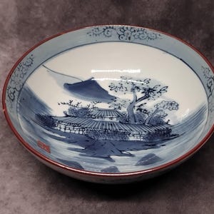 Large Porcelain Bowl, Blue and White Picture Bowl, Vintage Japanese Pottery Bowl