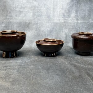 Set of 6 Vintage Wooden Lacquer Bowls, Vintage Japanese Black / Brown Lacquer Bowls