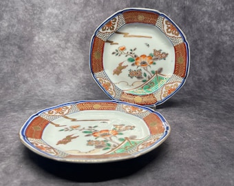 Pair of Japanese Porcelain Side Plates / Dishes Antique Blue & White Hand Painted Dishes