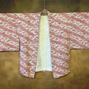 Japanese Haori Kimono, Red White and Black Retro Silk Lined Kimono Robe, Vintage Kimono Jacket