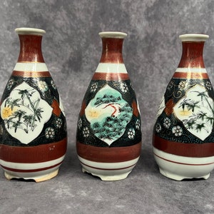 Trio of Vintage Hand Painted Japanese Saki Bottles, Japanese Porcelain Saki Jug