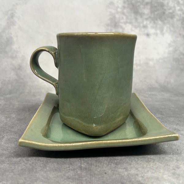 Vintage Japanese Celadon Cup & Saucer, Hand made pottery set