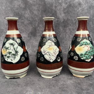 Trio of Vintage Hand Painted Japanese Saki Bottles, Japanese Porcelain Saki Jug