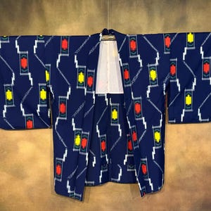Japanischer Haori Kimono, Blau Retro Design, Seide gefütterte Kimono Robe, Vintage Kimono Jacke