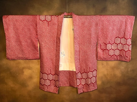 Japanese Shibori Haori Kimono, Bright Red on Whit… - image 1