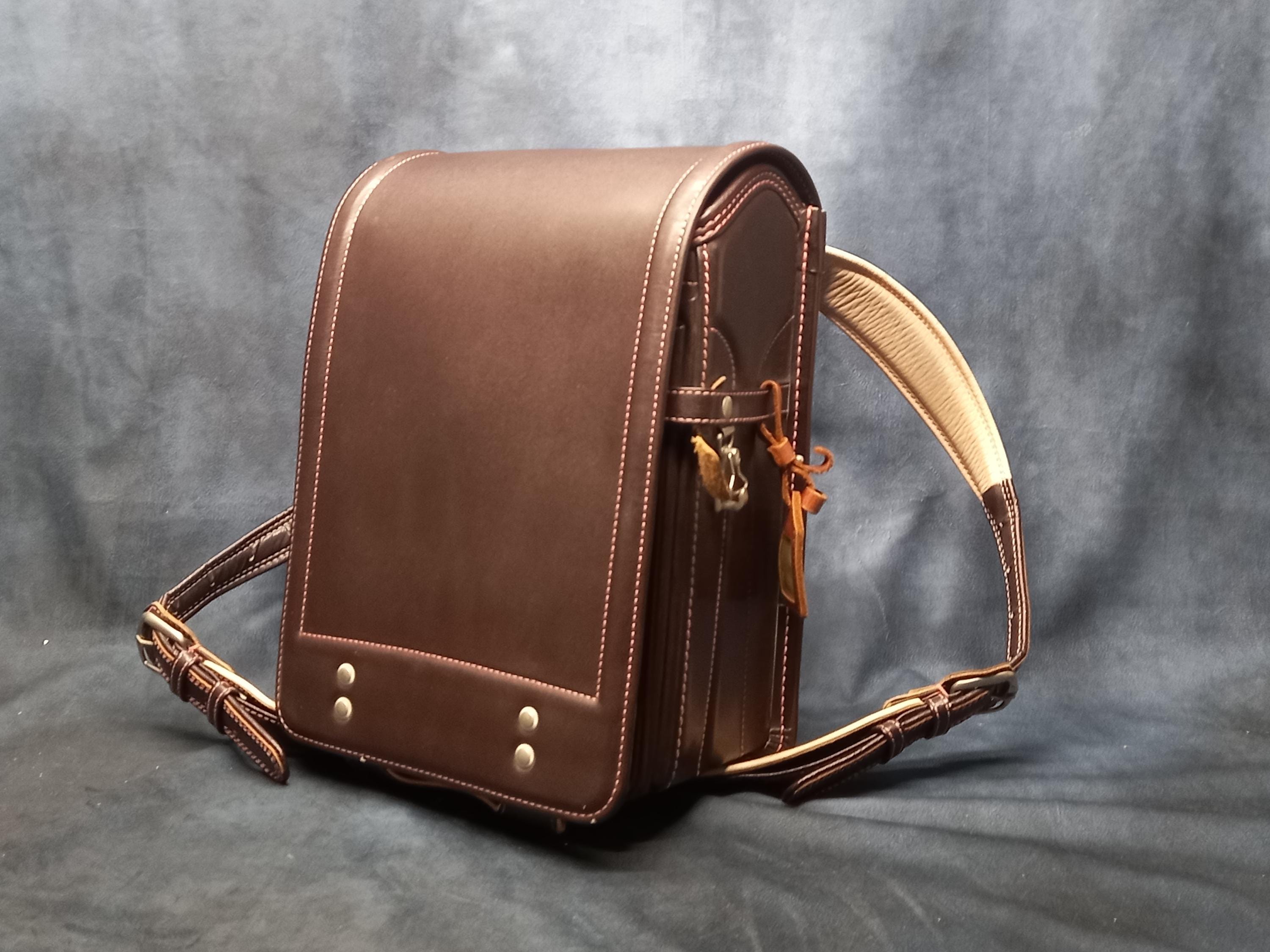 Randoseru Backpack, Brown With Pink Stitch Japanese Tight Stitch