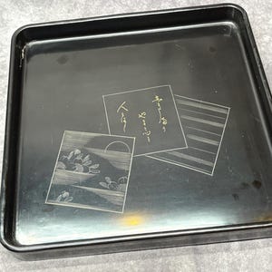 Large Engraved Lacquer Tray Vintage Japanese Lacquered Tray, Tea Tray, Dinner Tray, Serving Tray 36.5cm square