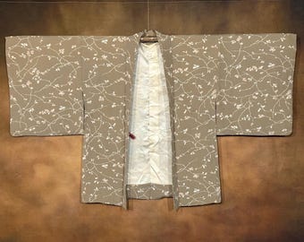 Kimono japonés Haori, bata tipo kimono con forro de seda beige, chaqueta tipo kimono vintage