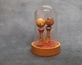 Miniature Creative Bobblehead Kokeshi Doll with see through dome, Vintage Wooden Sosaku Kokeshi, Hand Made Folk Art From Japan