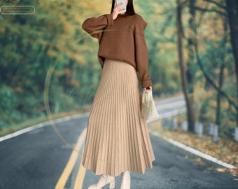 Women Summer Korean Fashion Women Knitted Long Maxi Skirt Casual Solid Thick Warm  Long Skirt High Waist Ankle Length Skirt Dancing Skirt