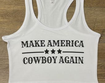 Top corto "Make America Cowboy Again" – Canotta western bianca per ragazze di campagna