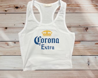 Top corto Corona Extra Beer – Canotta bianca da donna con spalline incrociate sulla schiena, maglietta per feste estive