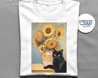 Black Cat and Sunflowers Shirt, Vintage Art Cat TShirt, Aesthetic Floral Cat Tee, Retro Painting Graphic Shirt, Cute Gift