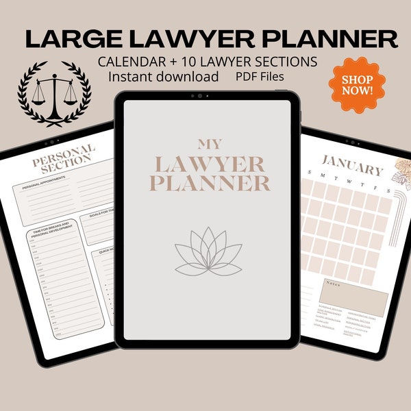 Lawyer planner, calendars for lawyers, gifts for lawyers, new lawyer gifts, lawyer notes, law student materials, printable organizer,