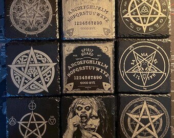 Occult inspired Ouija board pentagram slate coasters 10x10cm
