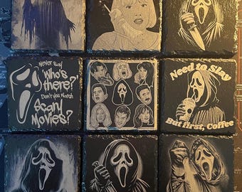 scream inspired Ghostface 10cm x 10cm engraved slate coasters