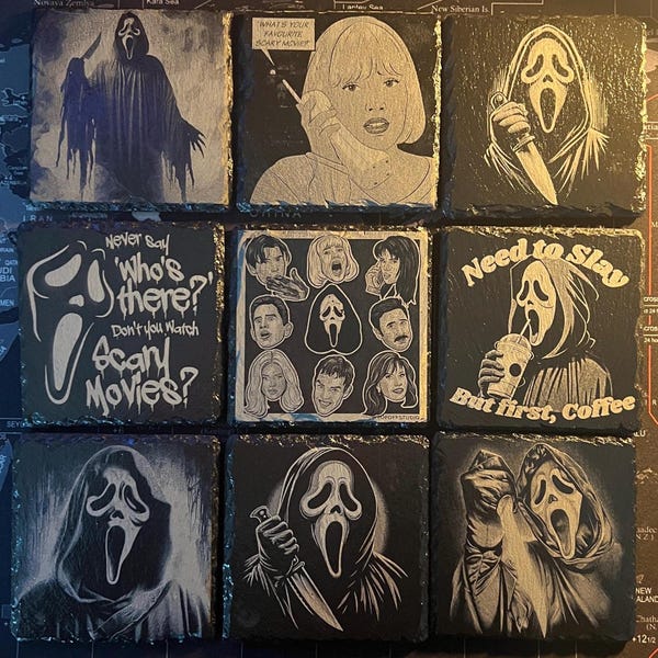 scream inspired Ghostface 10cm x 10cm engraved slate coasters
