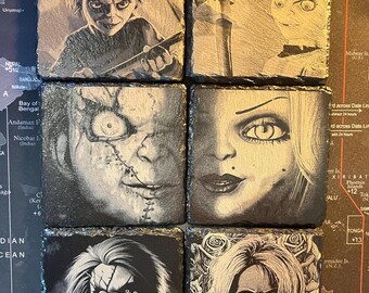 childsplay / Chucky / Tiff /  Glenda inspired 10cm x 10cm engraved slate coasters good for halloween