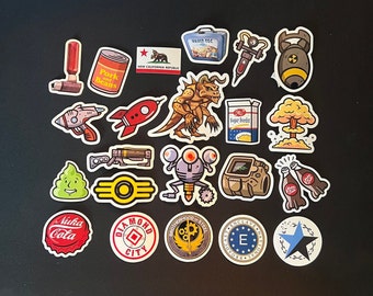 random fallout  splash proof stickers (x22) 5-6cm deathclaw nuka cola mr handy pipboy stimpack red rocket sugar bombs