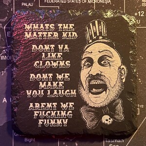 horror movie legends engraved slate coasters/coaster set chucky, freddy kruger, jason vorhees, michael myers, pennywise, pinhead and more captain spaulding