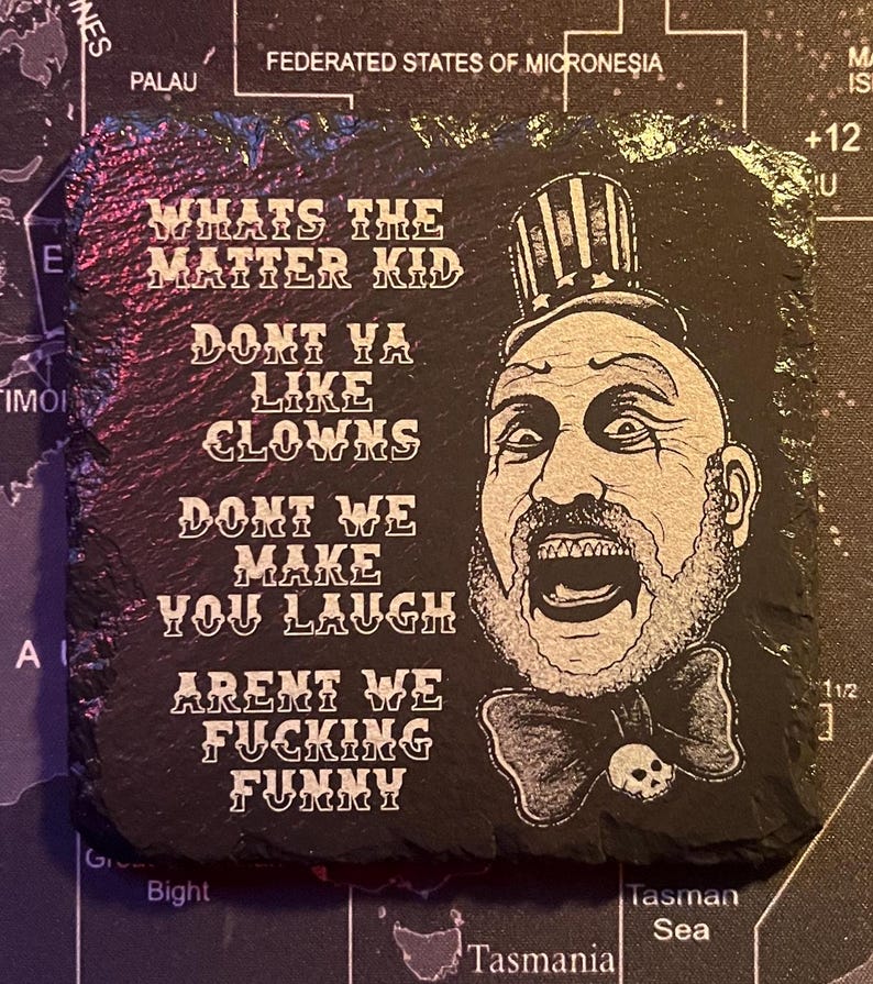 horror movie legends engraved slate coasters/coaster set chucky, freddy kruger, jason vorhees, michael myers, pennywise, pinhead and more captain spaulding