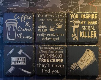 True crime / serial killer inspired engraved slate coasters / coaster set