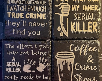 True crime / serial killer inspired engraved slate coasters / coaster set