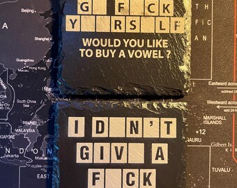 10cm x 10cm funny “go f**k yourself” & don’t give a f**k” engraved slate coaster