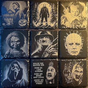 horror movie legends engraved slate coasters/coaster set chucky, freddy kruger, jason vorhees, michael myers, pennywise, pinhead and more