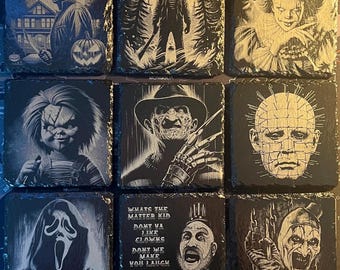 horror movie legends engraved slate coasters/coaster set chucky, freddy kruger, jason vorhees, michael myers, pennywise, pinhead and more