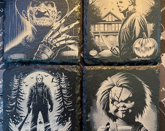 80s slasher horror movie inspired engraved slate coasters / coaster set chucky, freddy kruger, jason vorhees, michael myers